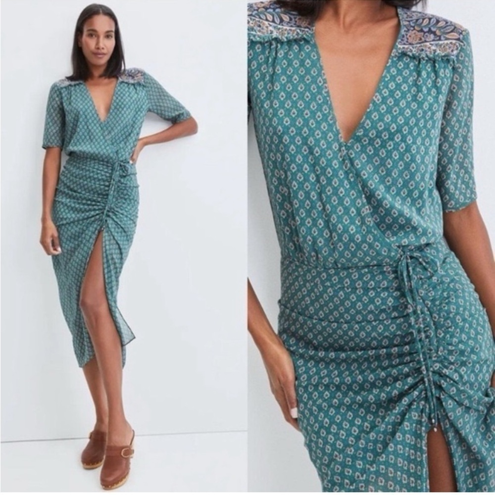 Nwt Veronica Beard Mariposa Dress Ruched Silk Geometric Midi Sz 00
